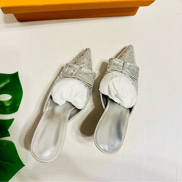 Rhinestones Crystals Heeled Mules With Bow Slip On Dress Shoes Womens Sz 6 NEW - Picture 2 of 16